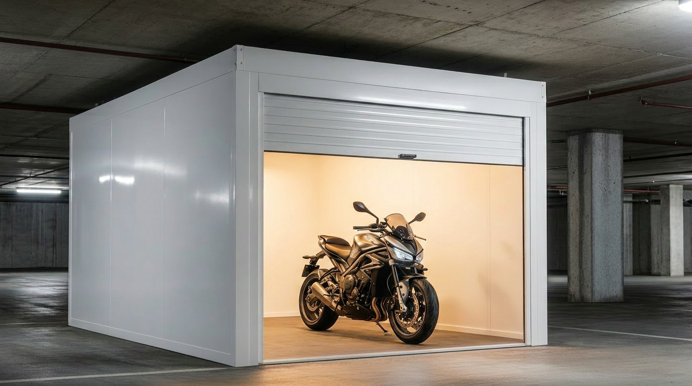 BikerBox isolert MC-garasje med motorsykkel parkert inne – værbestandig motorsykkelgarasje i parkeringskjeller