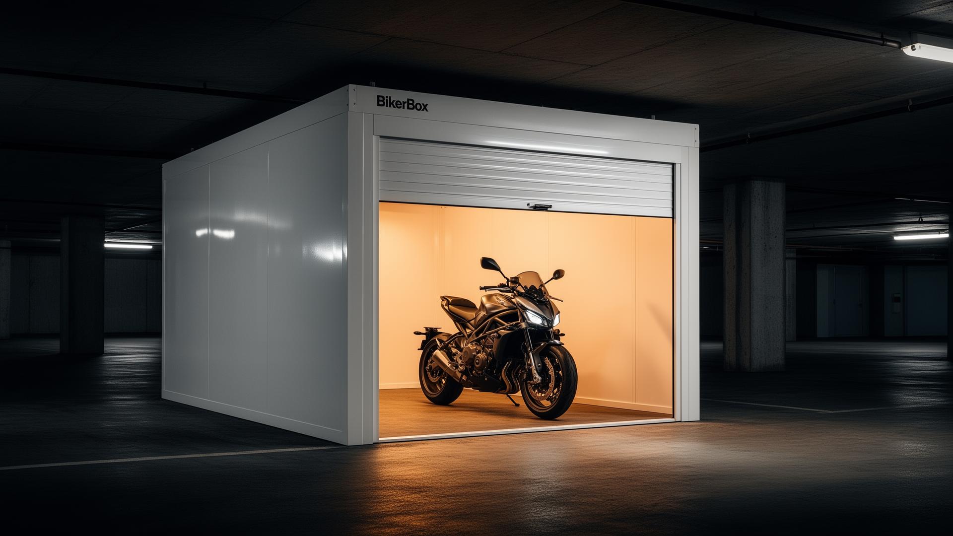 BikerBox isolert MC-garasje med motorsykkel parkert inne – værbestandig motorsykkelgarasje i parkeringskjeller